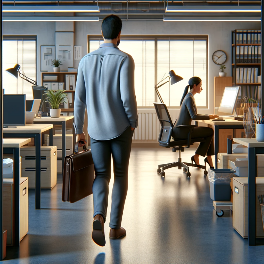 DALL·E 2023-11-16 14.00.23 - A scene in a modern office environment, showing an employee discreetly leaving the office while the employer is occupied with work and not looking. Th