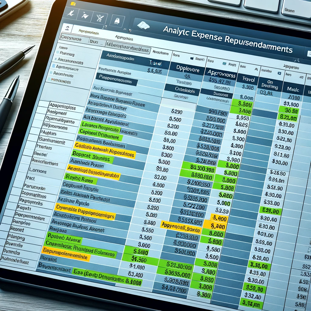 DALL·E 2023-11-29 22.18.47 - A detailed spreadsheet on a computer screen showing various entries for analytic expense reimbursements, including categories like travel, lodging, an