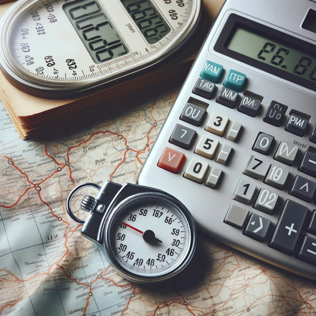 DALL·E 2023-11-29 22.18.59 - An odometer and a calculator on a map, symbolizing the calculation of travel distances for kilometric expense reimbursements, with numbers being crunc