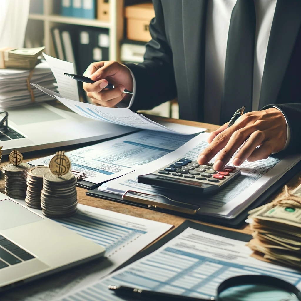 DALL·E 2023-11-29 22.19.09 - An office scene showing a tax auditor examining documents and receipts related to expense reimbursements, with a focus on the scrutiny and verificatio