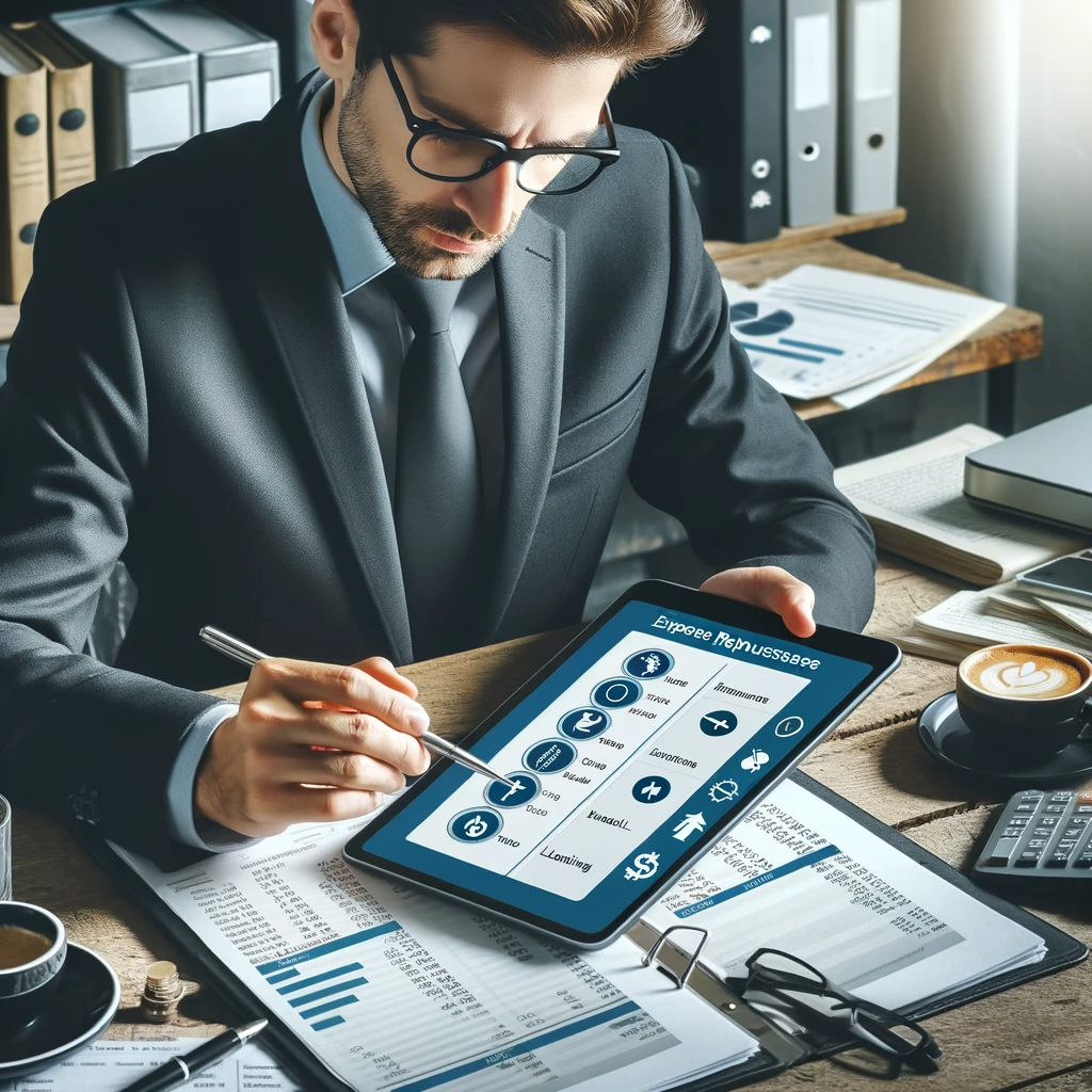 DALL·E 2023-11-29 22.19.27 - A businessman reviewing a detailed report of various expense reimbursements on a tablet, with icons indicating different types of expenses like travel